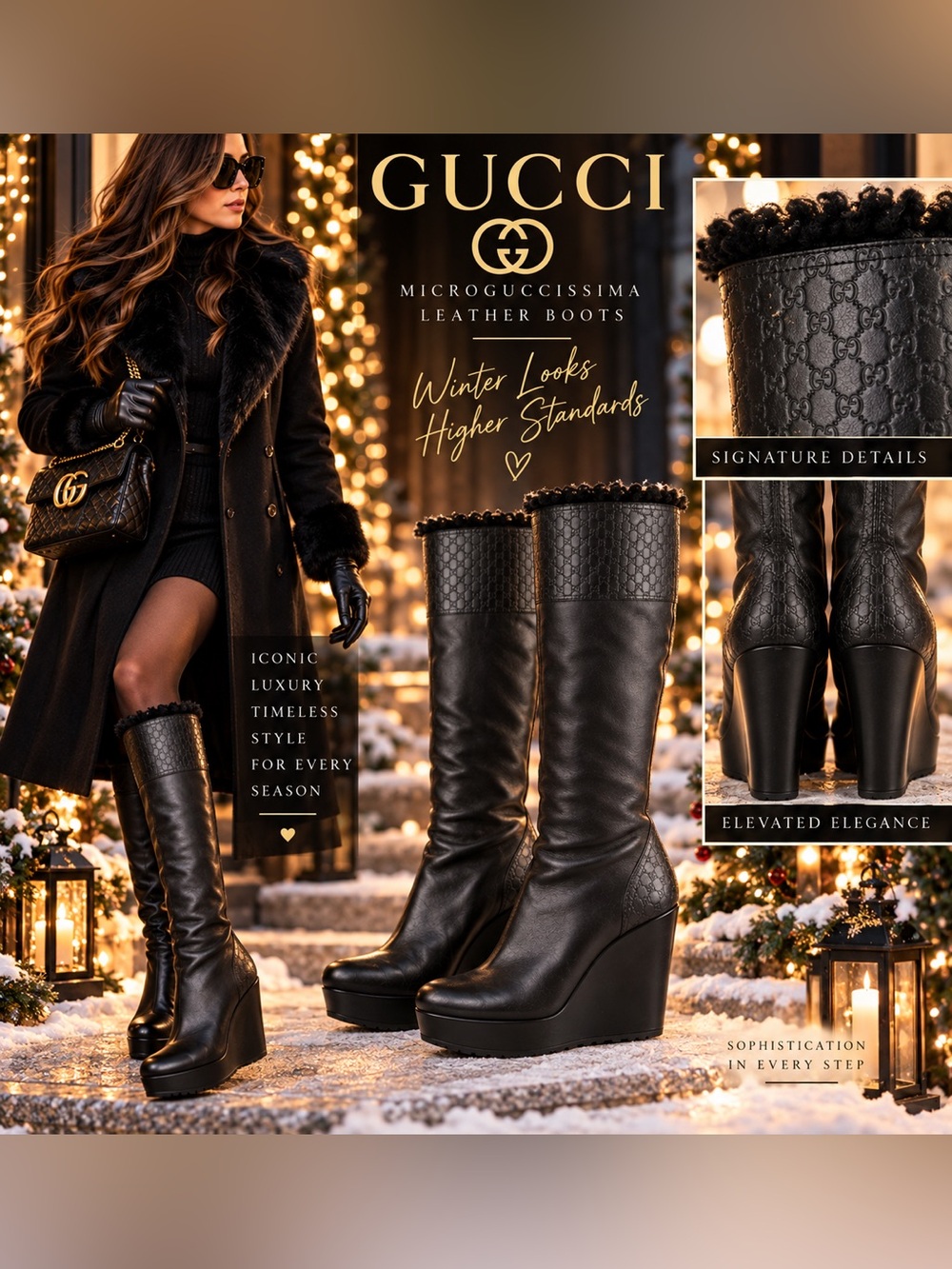 Gucci Black Microguccissima Leather Wedge Boots with Shearling Trim